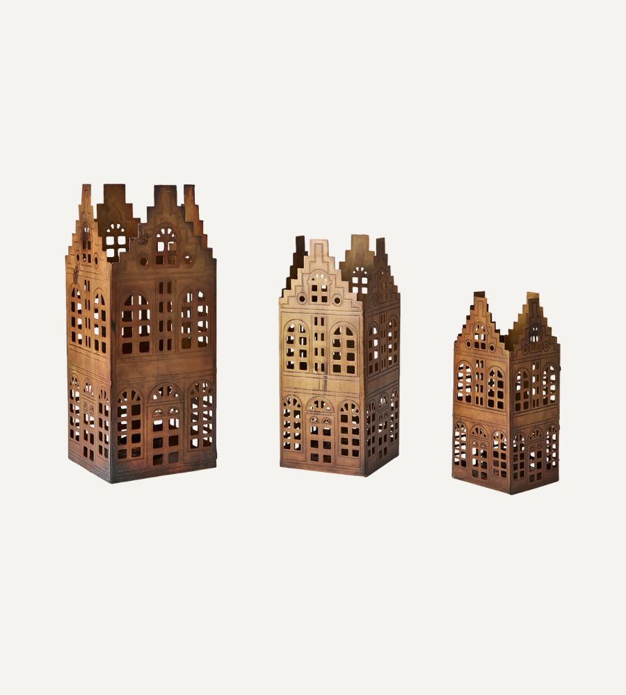 VILLAGE Ljuslykta hus, set om 3, Mässingsfärgad