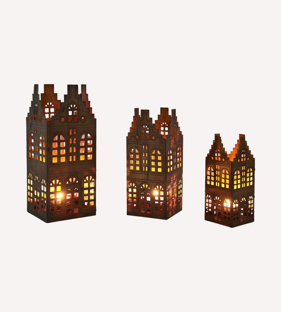 VILLAGE Ljuslykta hus, set om 3, Mässingsfärgad