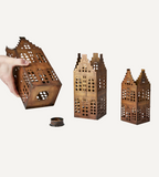 VILLAGE Ljuslykta hus, set om 3, Mässingsfärgad