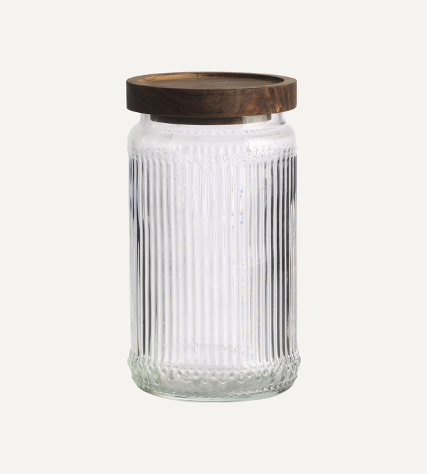 Burk med lock i räfflat glas, Klar/brun