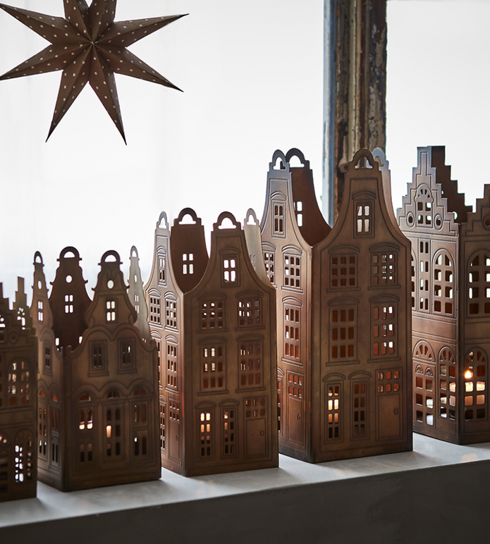 VILLAGE Ljuslykta hus, set om 3, Mässingsfärgad