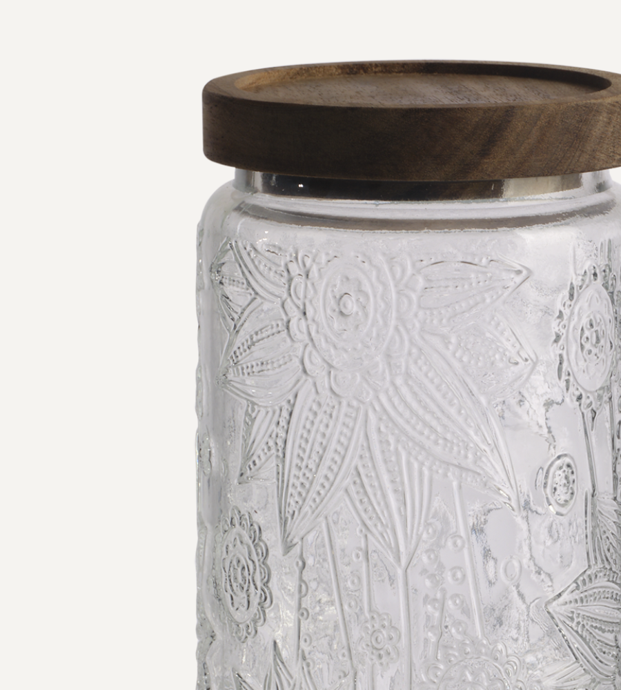 Mönstrad glasburk med lock i akasiaträ – Klar/Brun