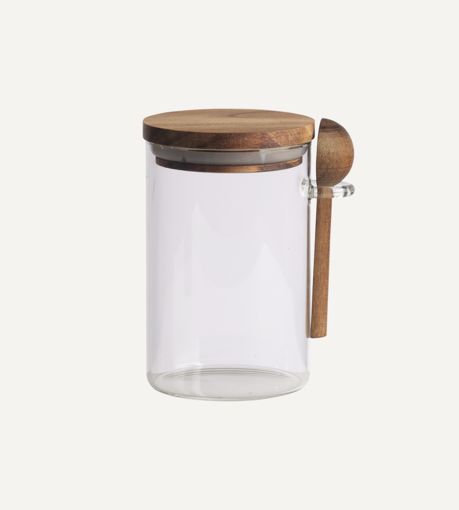 Glasburk med lock i akasiaträ och slev – Klar/Brun