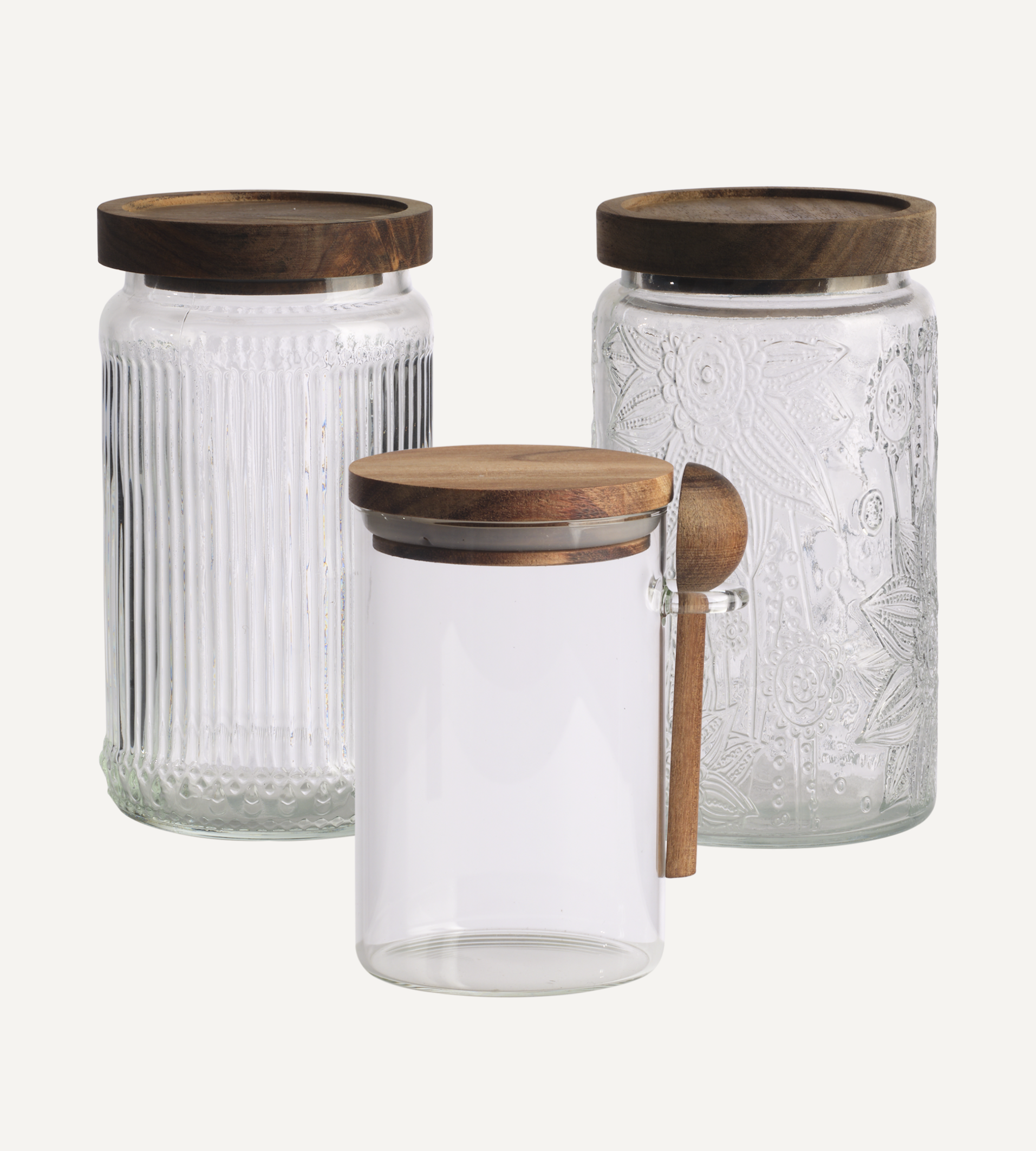 Glasburkar med lock i akasiaträ – Paket Klar/Brun