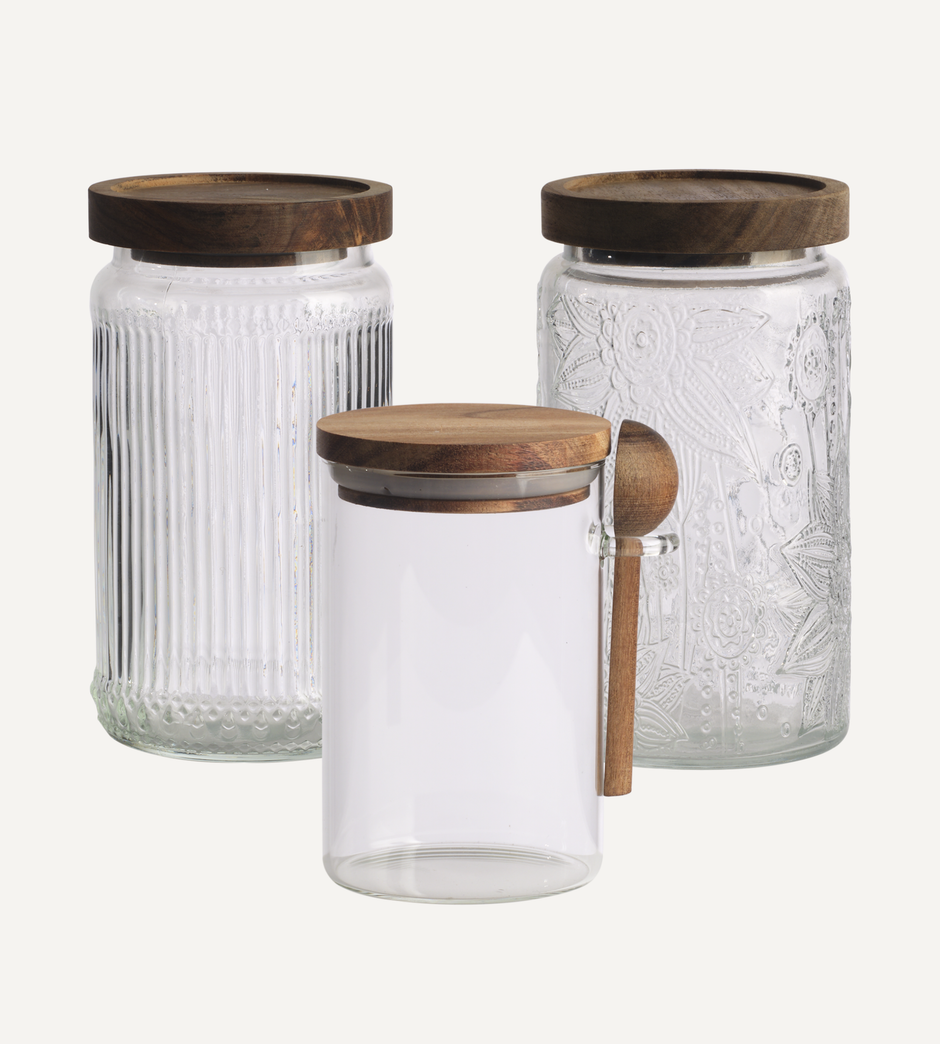 Glasburkar med lock i akasiaträ – Paket Klar/Brun